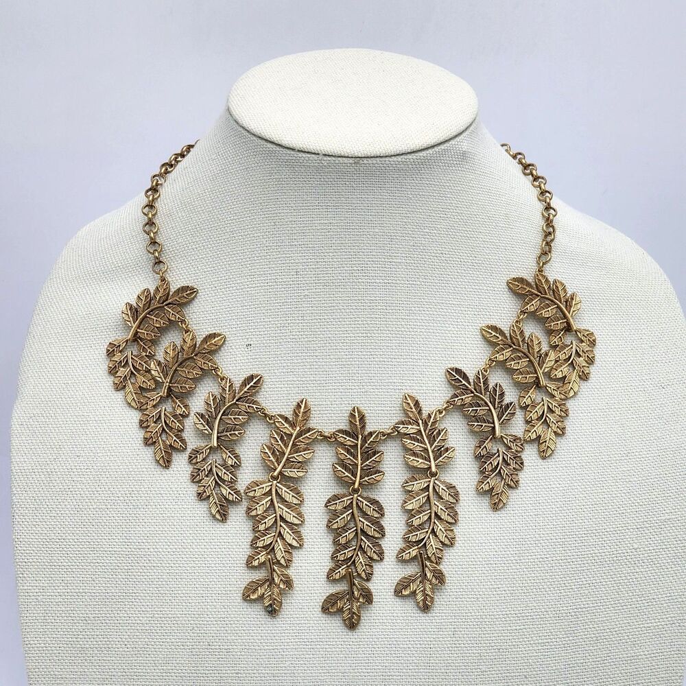 Boho Gold Leaf Goddess Leaves Vine Dangle Statement Necklace Bib 18" Gold Chain